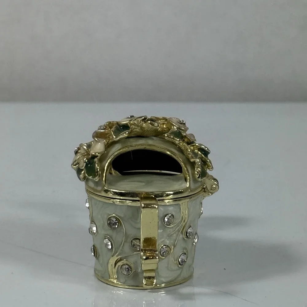 White Floral Watering Can Trinket Box Jeweled Enamel Miniature‎